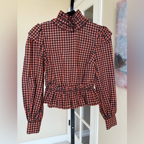 Ganni Ruffled Seersucker Button Neck Open Back Blouse Top Flame Check Women’s 32 - Picture 4 of 9
